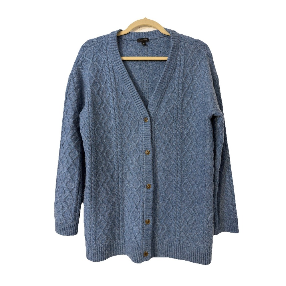 Talbots Women's Large Wool Alpaca Blend Chunky Knit‎ Blue Button Up Cardigan